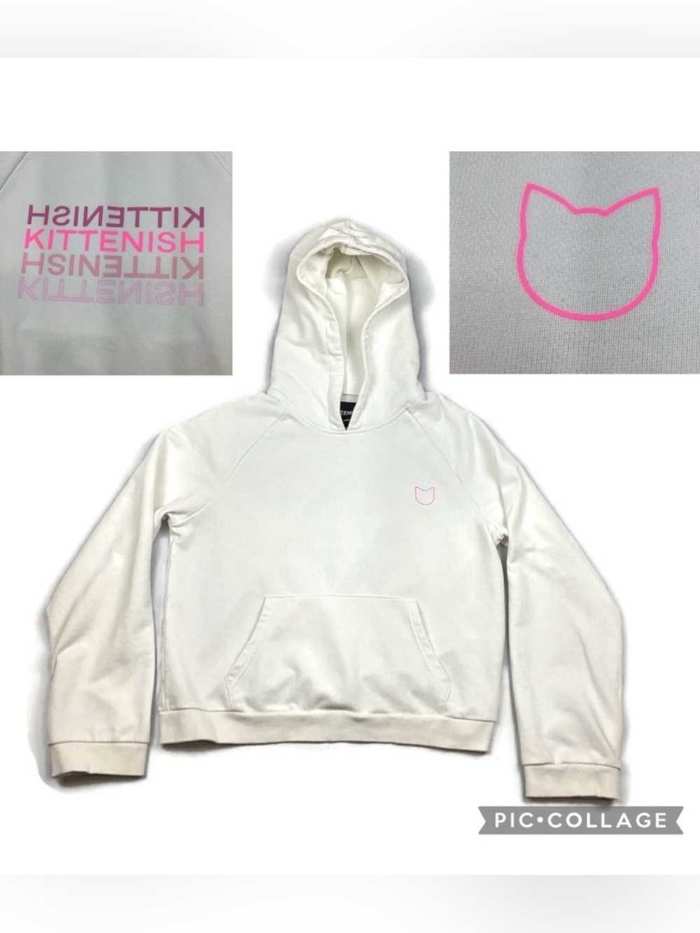 Kittenish White Pullover Hoodie with Pink Logo
